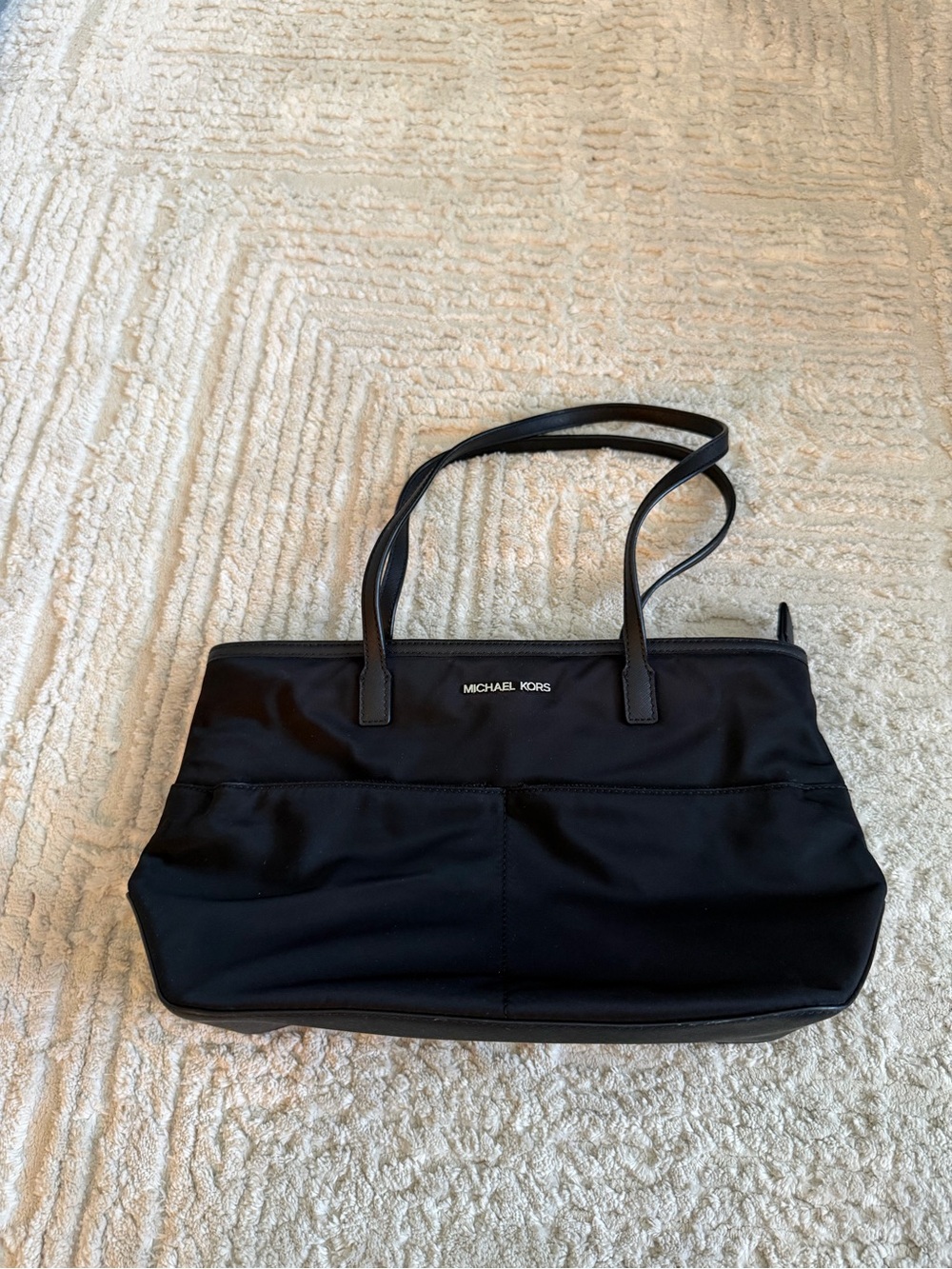 Michael Kors Black Nylon Tote Shoulder Bag Leather Trim Front Pockets